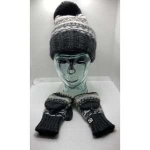 Womens Steve Madden Fair Isle Beanie W/ Faux Fur Pom & Matching Mittens Ski Hat
